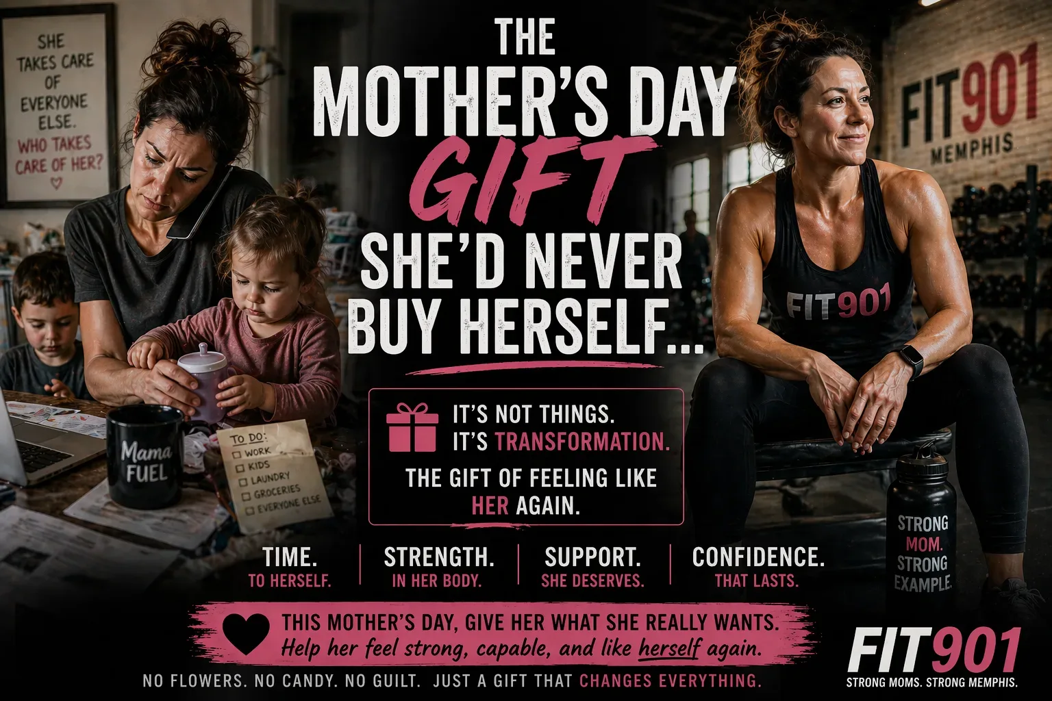 A split image showing a stressed, busy mother with children on one side and the same woman looking strong and confident in a Fit 901 gym on the other, promoting fitness transformation for Mother's Day.